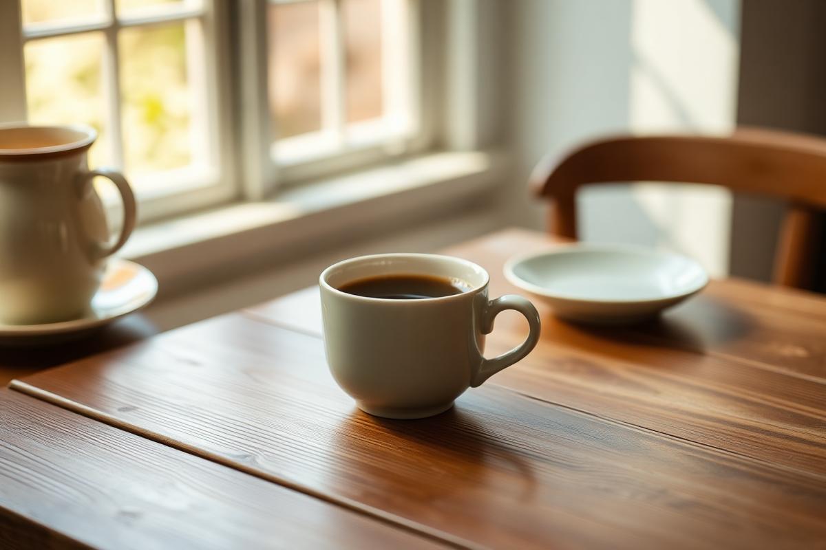Cup of coffee on a morning table with sunlight