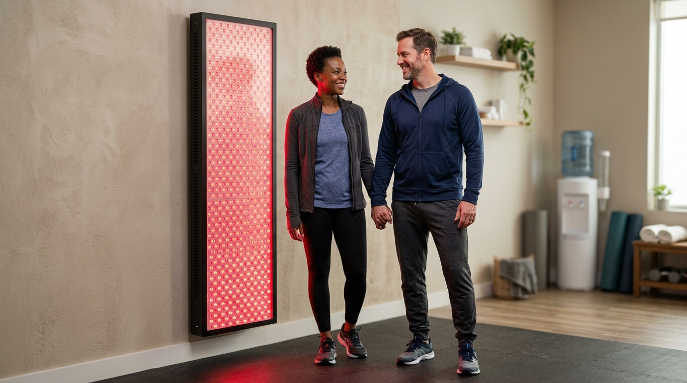 Adult couple in activewear holding hands beside a large red light therapy panel