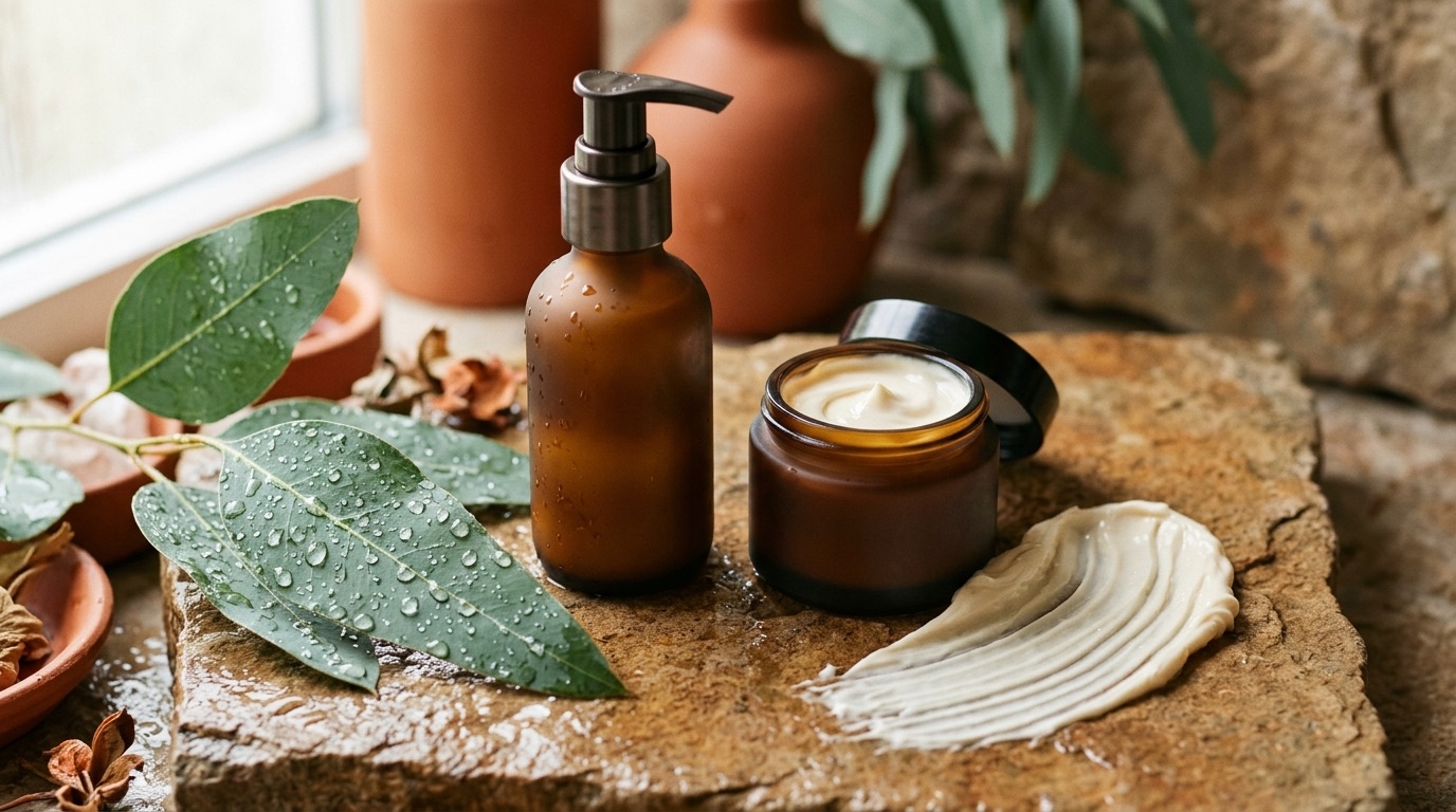 Unbranded amber moisturizer pump and cream jar with a cream texture swipe and fresh leaves