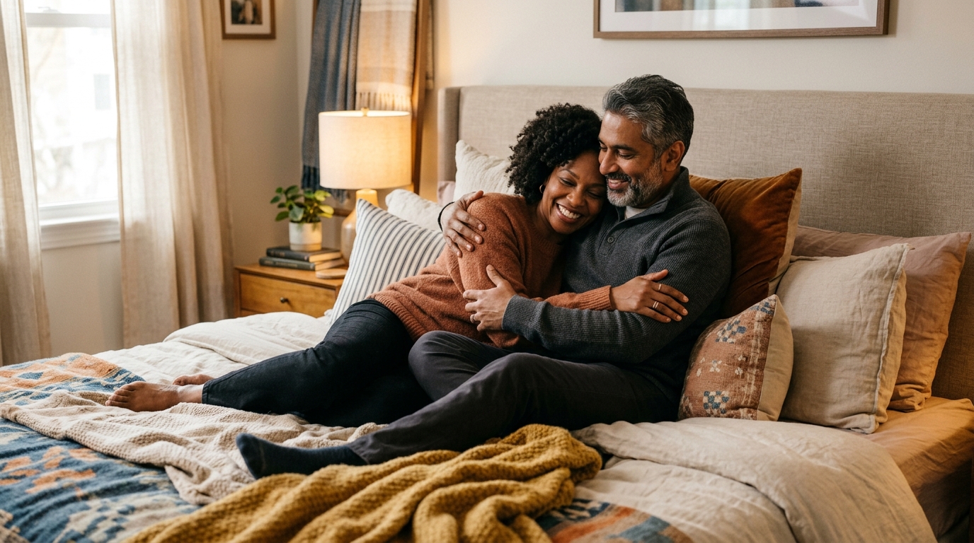 Adult couple embracing on a bed supported by several pillows