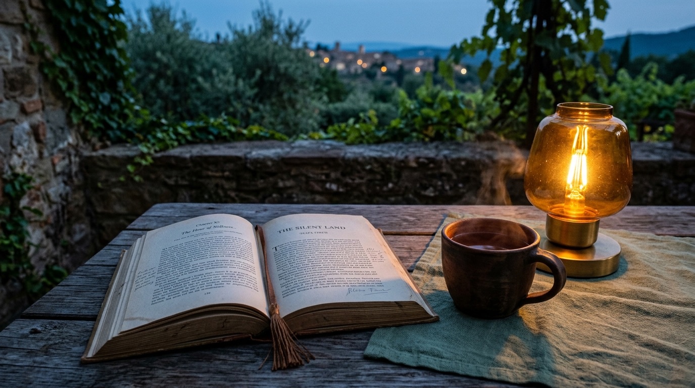 A softly lit table with a folded linen cloth, a ceramic cup and a small sprig of greenery