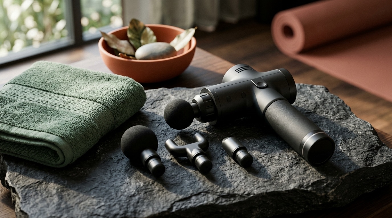 Unbranded handheld massage device with interchangeable attachments beside folded sage towels