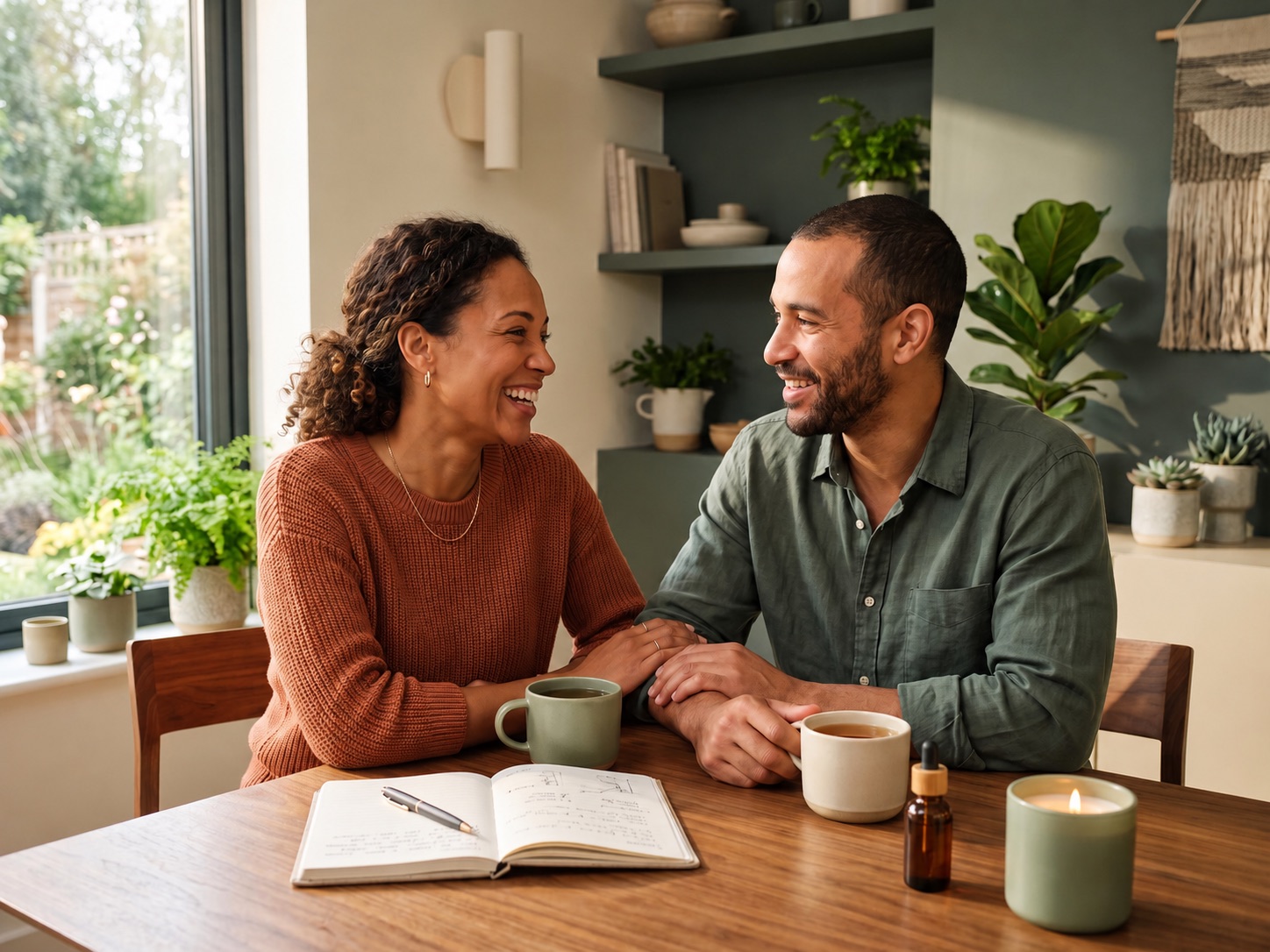 Couple sharing a warm conversation at a home table with tea and a notebook