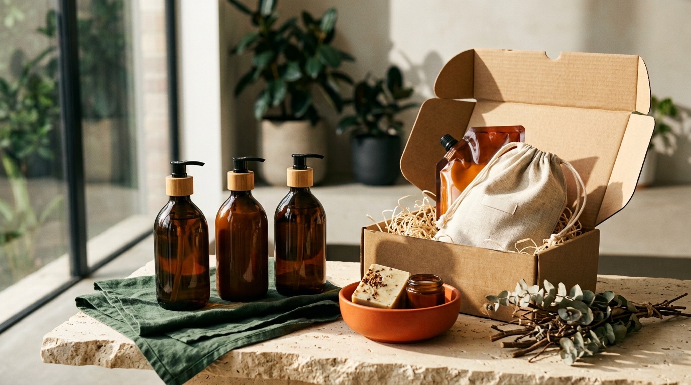 Refillable personal-care bottles and reusable packaging arranged beside an open delivery box