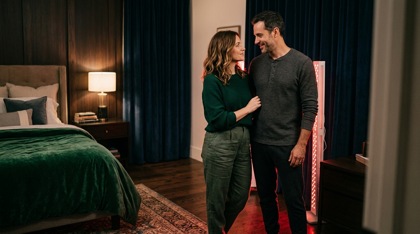 Adult couple making gentle eye contact beside a red light therapy panel in a bedroom