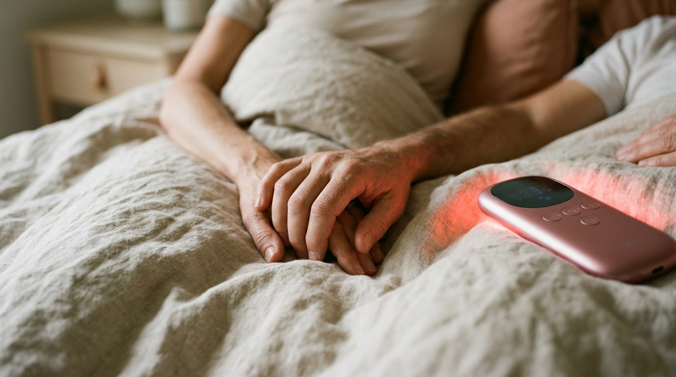 Adult partners holding hands on a bed beside a compact red light device