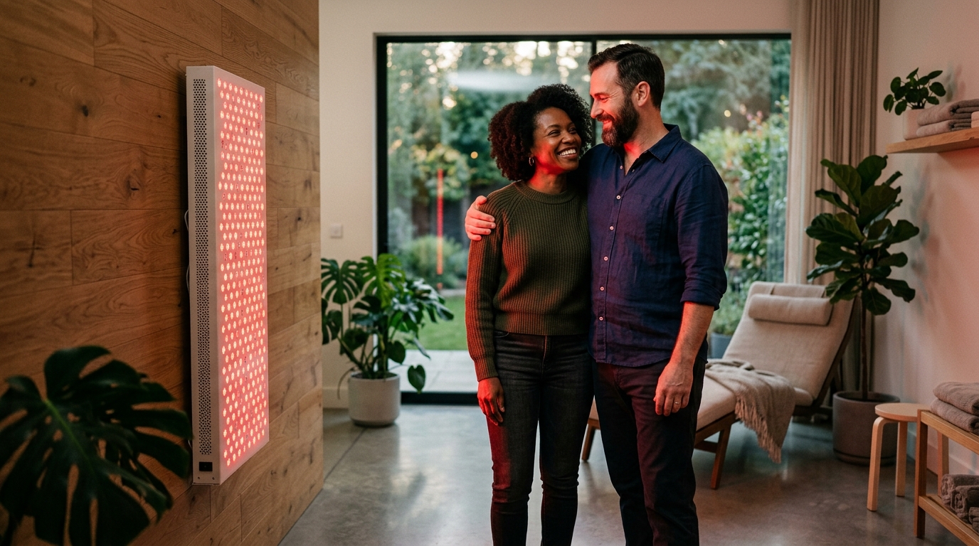 Diverse adult couple standing together beside a full-body red light therapy panel