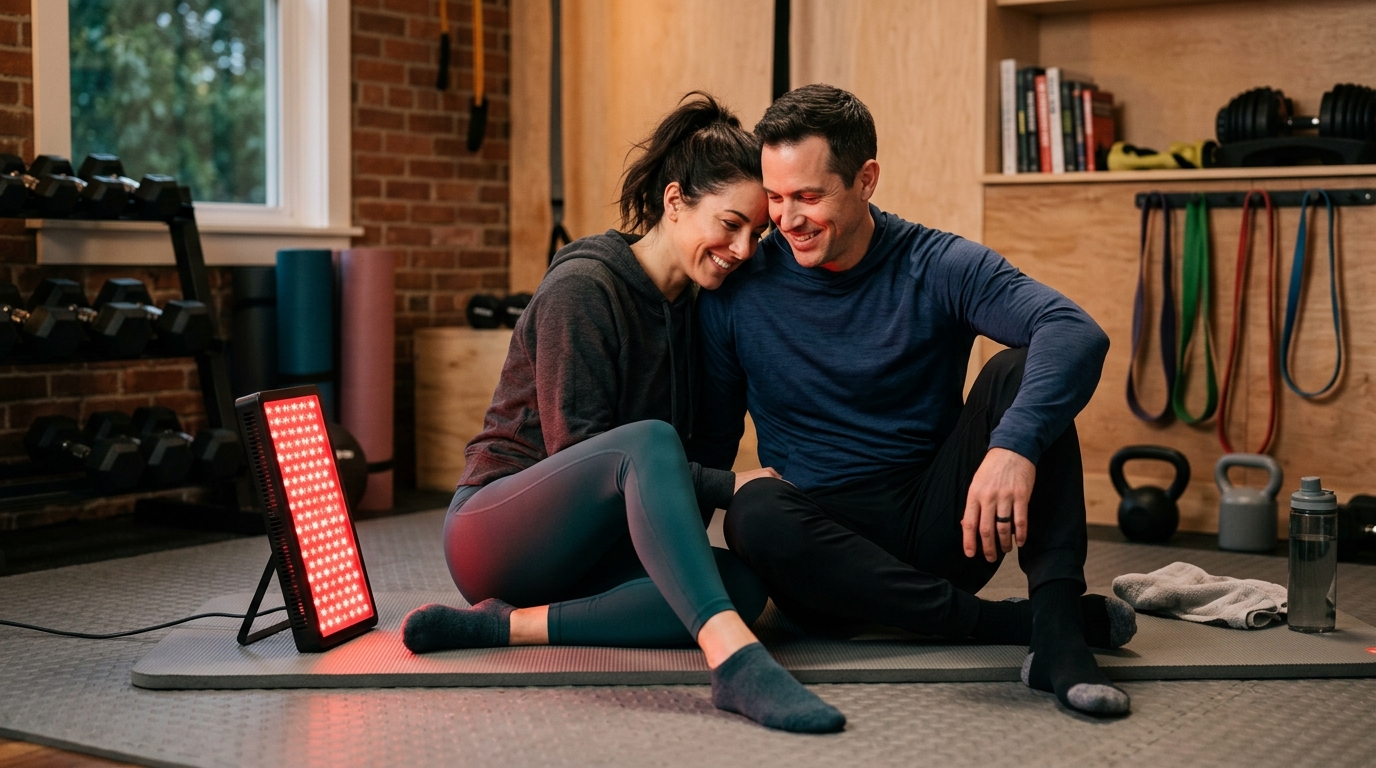 Adult couple in recovery wear sitting together beside a portable red light device