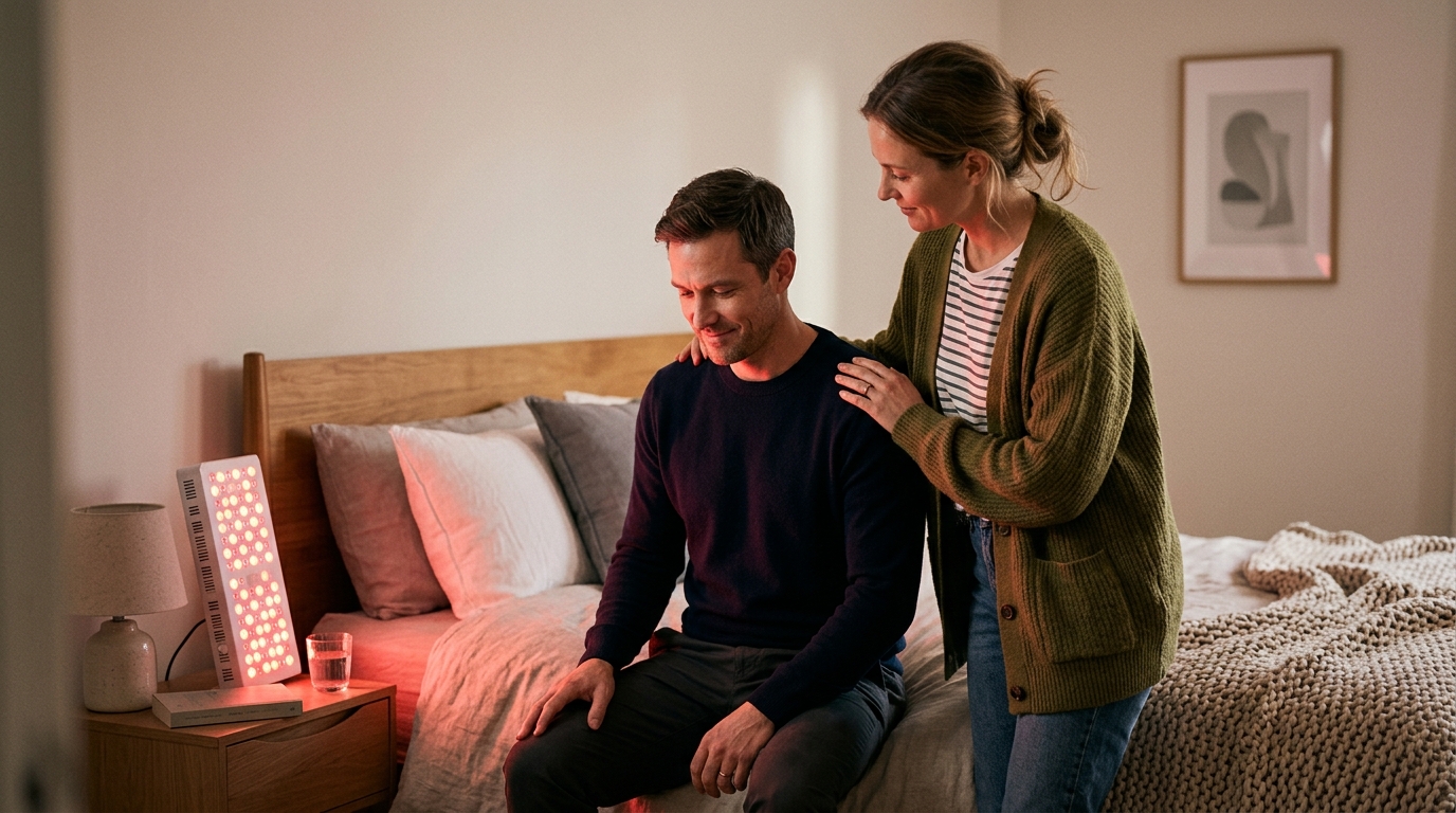 Adult couple sharing a supportive touch during a red light therapy session