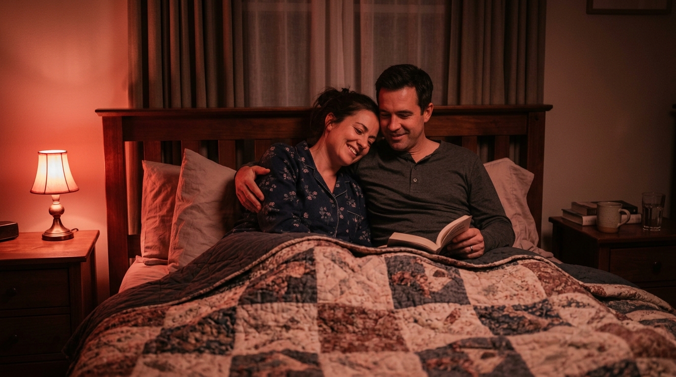 Adult couple in tasteful sleepwear relaxing together under warm red bedroom light