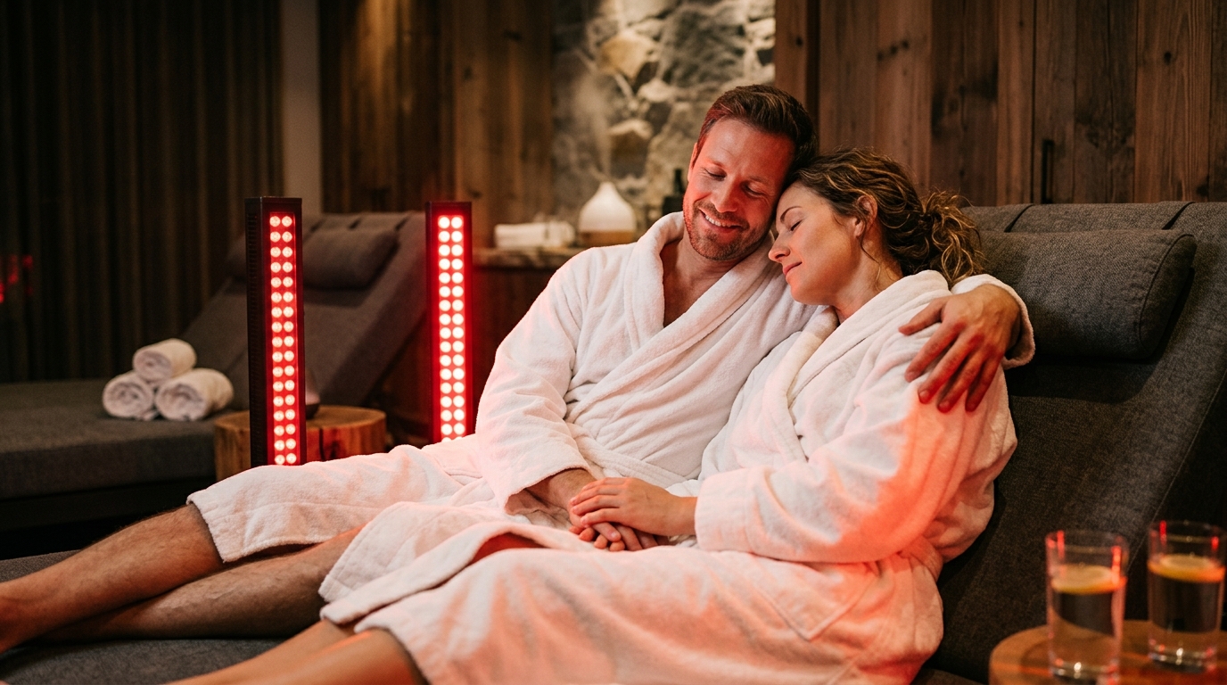 Adult couple in spa robes relaxing together beside red light therapy panels