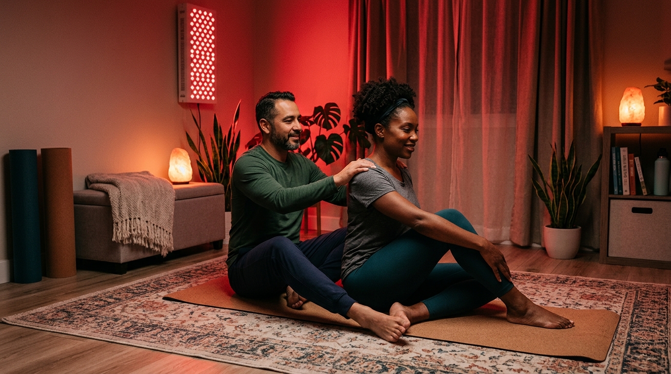 Adult couple practicing gentle partner-assisted recovery beside a red light panel