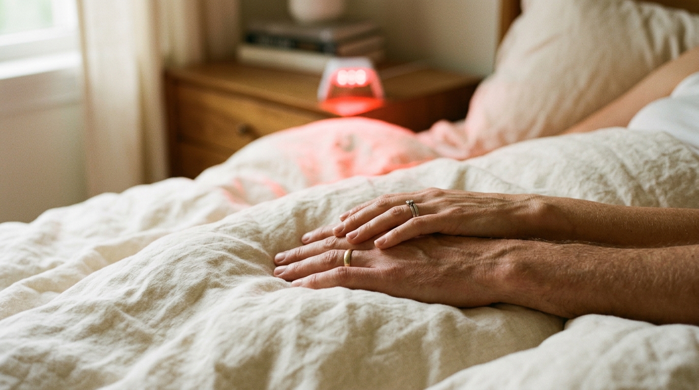 Adult partners resting their hands together on bedding near a small red light device