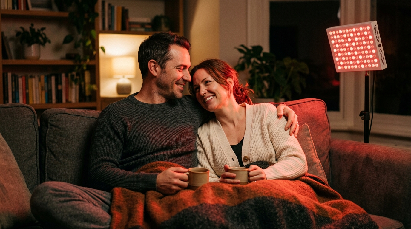 Adult couple sitting close together at home beside a red light therapy panel