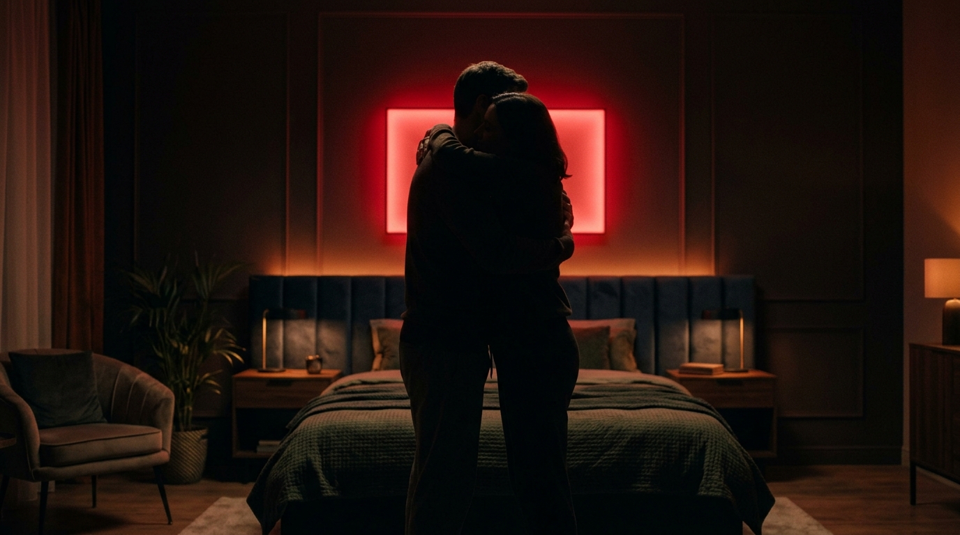 Fully clothed adult couple embracing in a bedroom with a red light panel