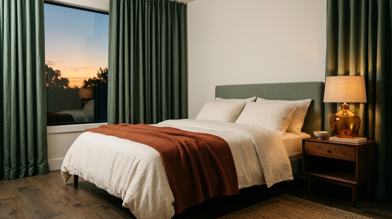 A calm bedroom with layered curtains, soft bedding and a clear bedside table