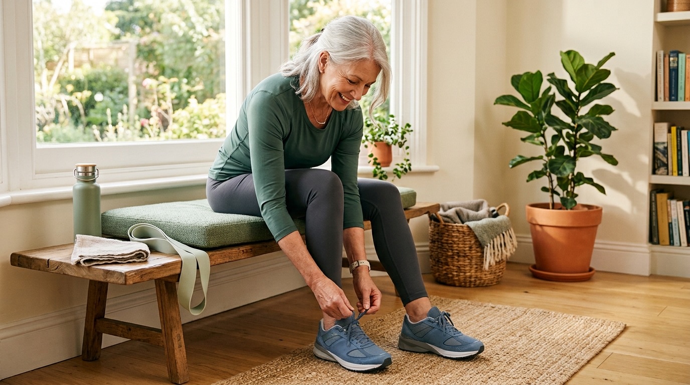 Active older woman tying her walking shoes beside a resistance band and water bottle