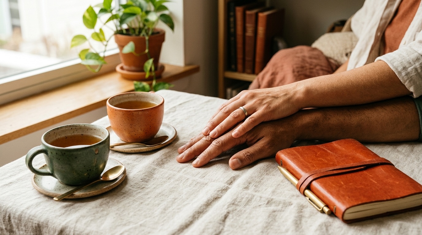 Two adults resting their hands together beside tea cups and a closed journal