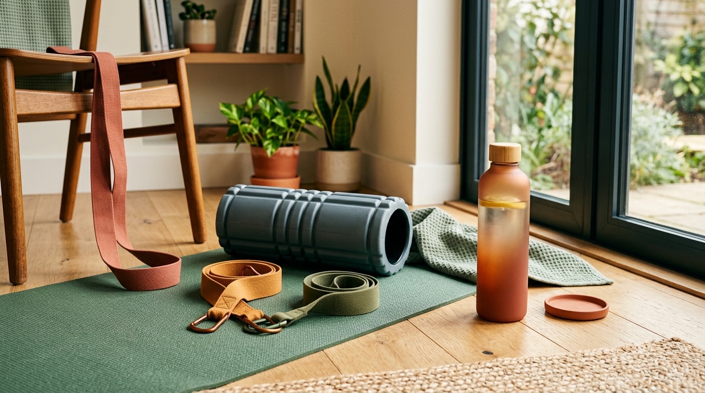 Resistance bands, foam roller and water bottle arranged on a home exercise mat