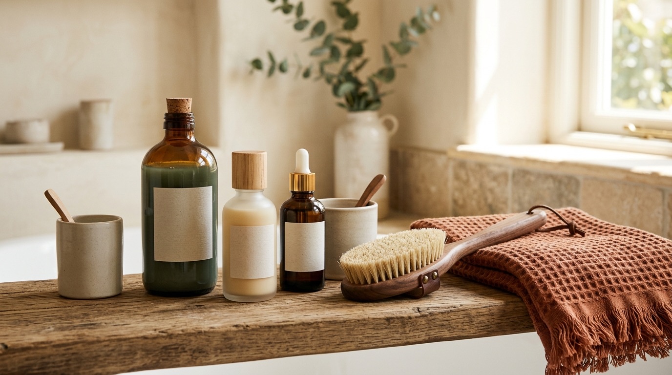 Unbranded personal-care bottles and a wooden brush arranged on a sunlit bathroom shelf